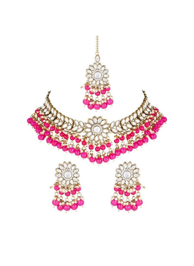 I Jewels I Jewels 18K Gold Plated Traditional Kundan Studded Pearl Hanging Choker Necklace Jewellery Set With Earrings & Maang Tikka For Women & Girls (K7232Q)  - Image 1