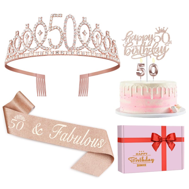 50th Birthday Decorations for Women Including 50th Birthday Sash and Crown Cake Topper and Candles 50 Year Old Gifts for Women