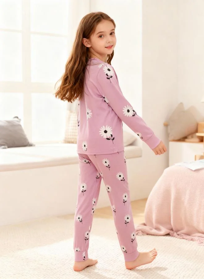 Take Two  Girls Pink Daisy Print T-Shirt And Pyjama Set for Women | Best Price UAE