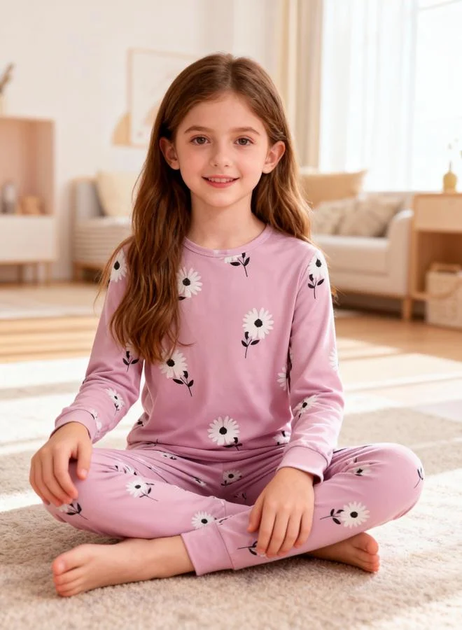 Take Two  Girls Pink Daisy Print T-Shirt And Pyjama Set for Women | Best Price UAE