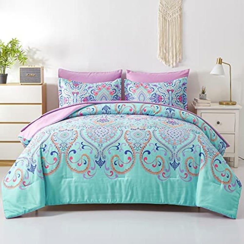 DHSFKBE Twin Comforter Set 5 Piece Bed in a Bag Boho Aqua and Lilac Damask Medallion Print Comforter with Sheets Soft Microfiber Complete Bedding Set for All Season Aqua Twin