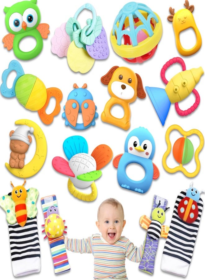 AZEN 16 Pack Baby Rattles Teething Toys 3-6 Months, Baby Toys 0-6 Months, Newborn Infant Toys 6-12 Months, Essentials Must Haves Wrist Socks Toddler Stocking Stuffers Christmas Gifts (Bright) - Image 1