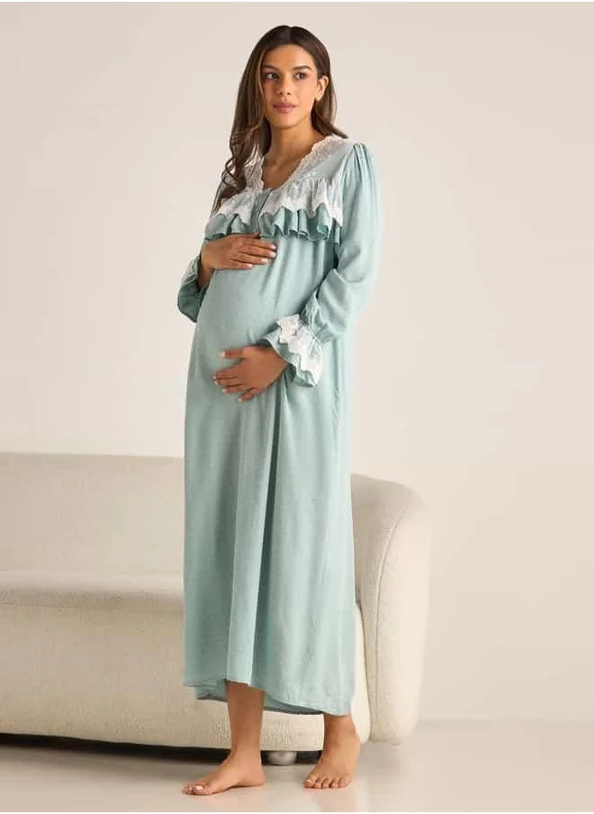 FAV Lace Detail Textured Maternity Dress with Long Sleeves