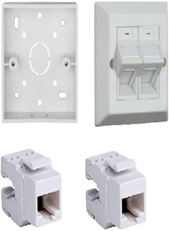 Generic - Angular Two Port wall Plate Combo of RJ45 CAT6E Lan I/O Network Keystone Jack, Gang Box, Dual Port Face Plate (1 Set) - Image 1