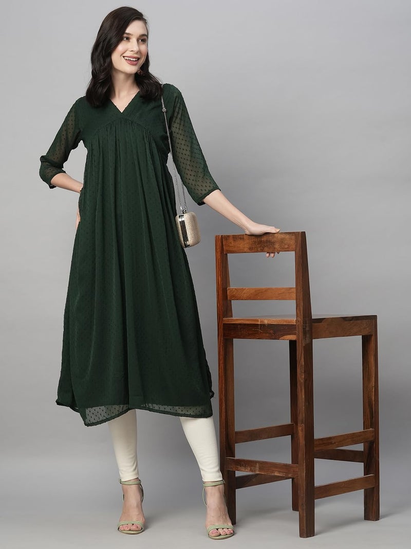 RATAN Women's Bottle Green Chiffon Self Design Flared Kurta (TBT-BTL-S), Regular Fit - Image 4