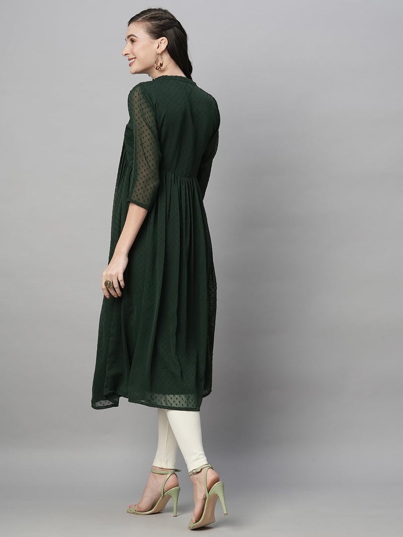 RATAN Women's Bottle Green Chiffon Self Design Flared Kurta (TBT-BTL-S), Regular Fit - Image 3