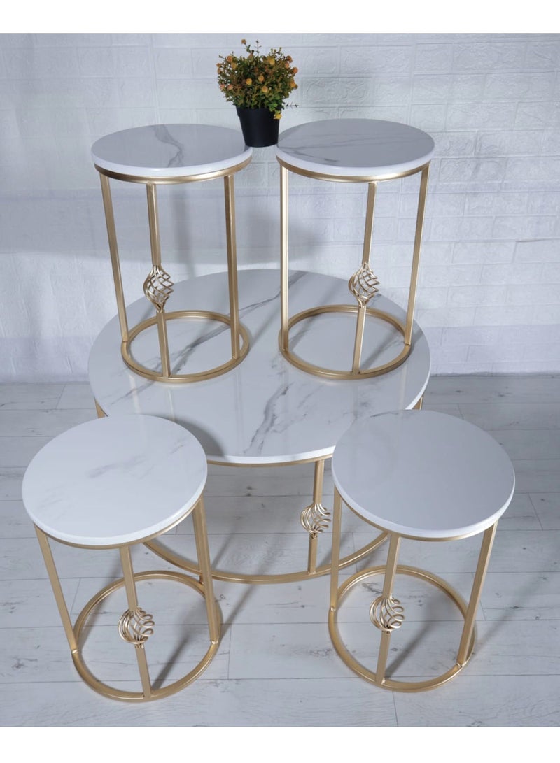 5-Piece Round Coffee Table Set White Wood Top Iron Legs - Image 2