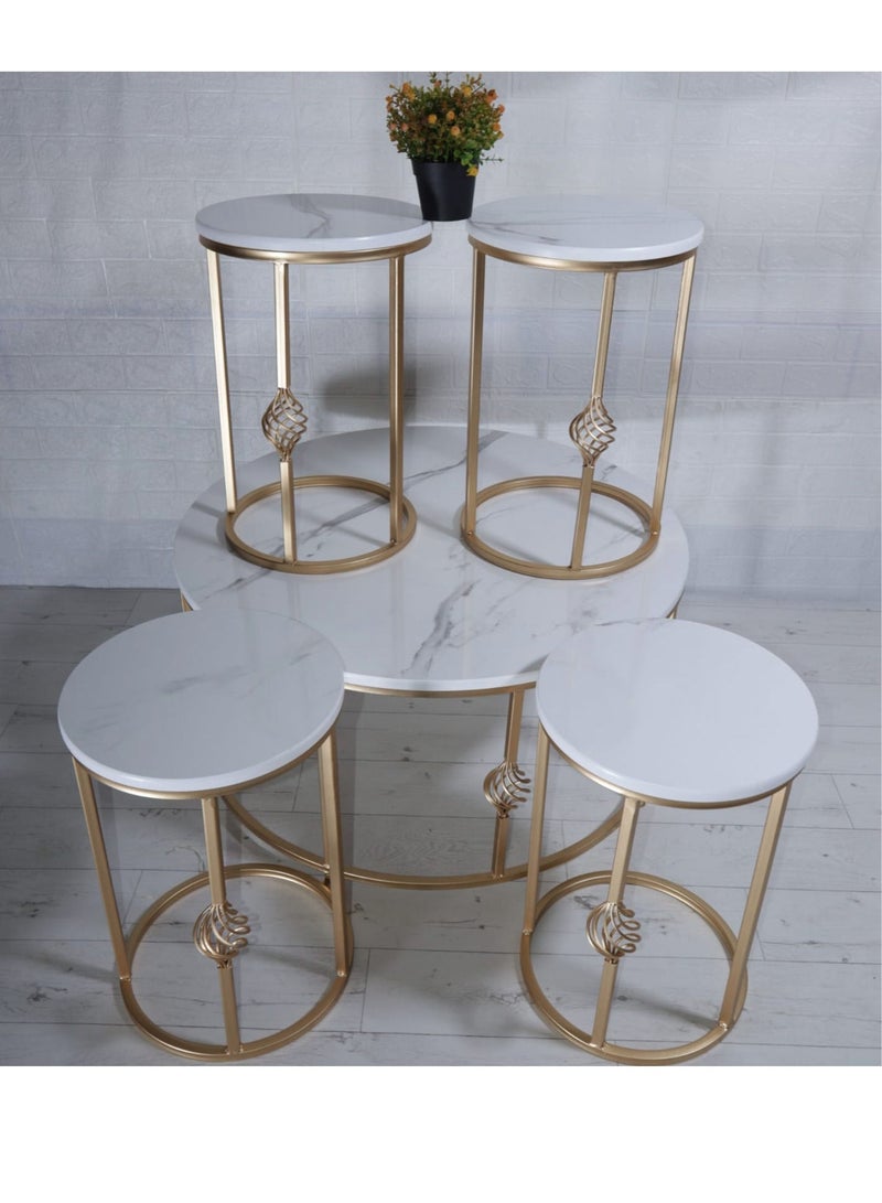 5-Piece Round Coffee Table Set White Wood Top Iron Legs - Image 1