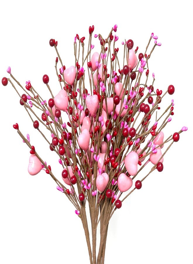 Greenke Mother's Day Decoration Pink Heart Picks Floral Gifts for Mom Birthday Table Decor Pink Hearts & Red Berry Picks for Valentines Day Wedding Candlelight Anniversary Dinner Vase Decor - Image 1