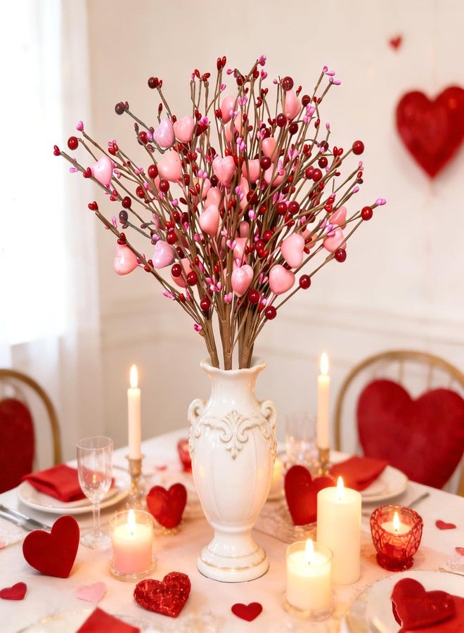 Greenke Mother's Day Decoration Pink Heart Picks Floral Gifts for Mom Birthday Table Decor Pink Hearts & Red Berry Picks for Valentines Day Wedding Candlelight Anniversary Dinner Vase Decor - Image 2