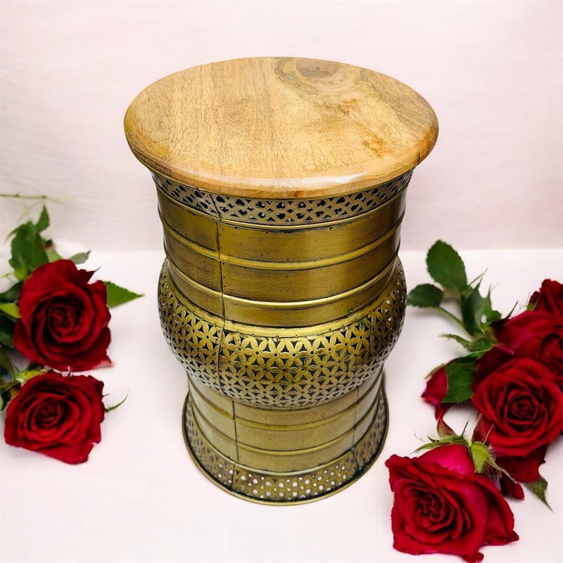 ZXC Decorative Metal Garden Stool with Wooden Top Vintage Gold Finish Iron Decorative Table Size17 11 inches Size17 11 inches - Image 2