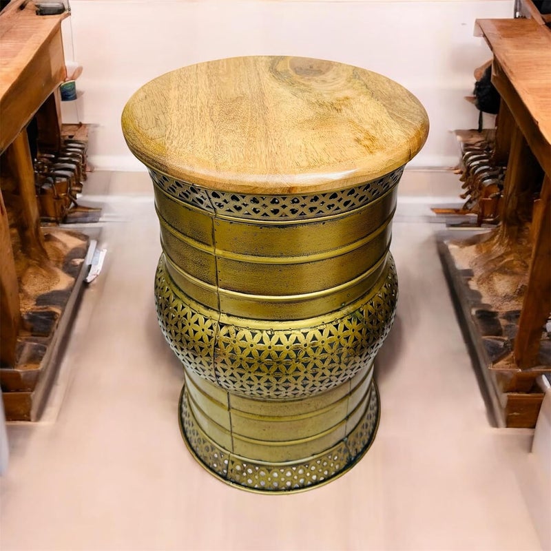 ZXC Decorative Metal Garden Stool with Wooden Top Vintage Gold Finish Iron Decorative Table Size17 11 inches Size17 11 inches - Image 5