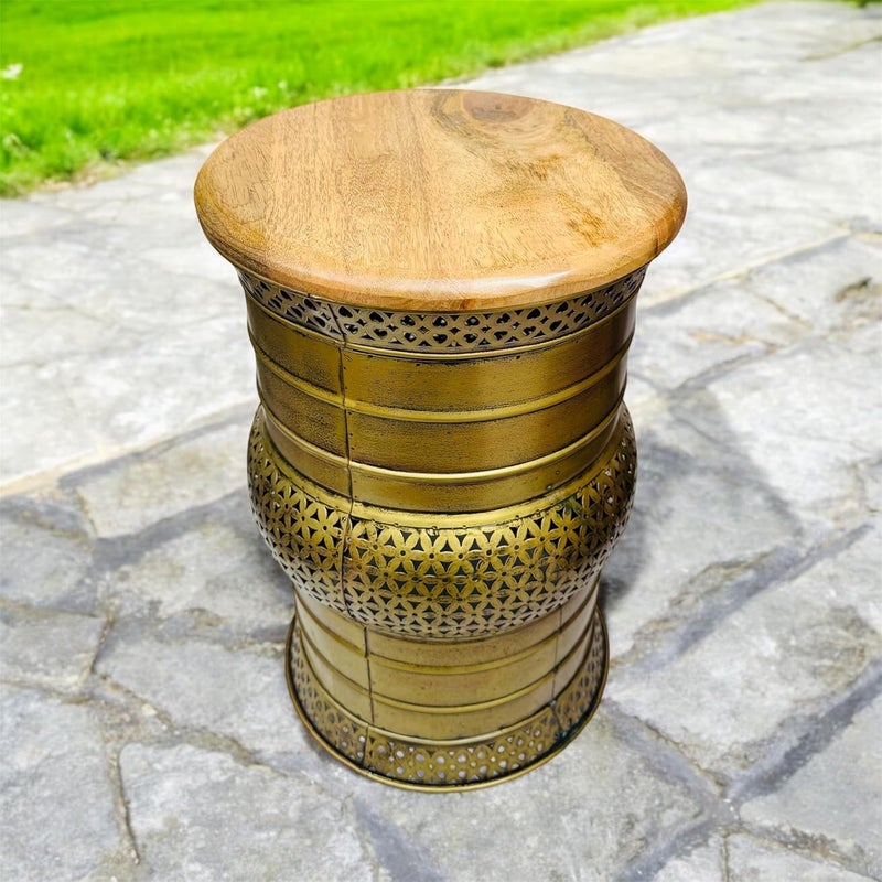 ZXC Decorative Metal Garden Stool with Wooden Top Vintage Gold Finish Iron Decorative Table Size17 11 inches Size17 11 inches - Image 1