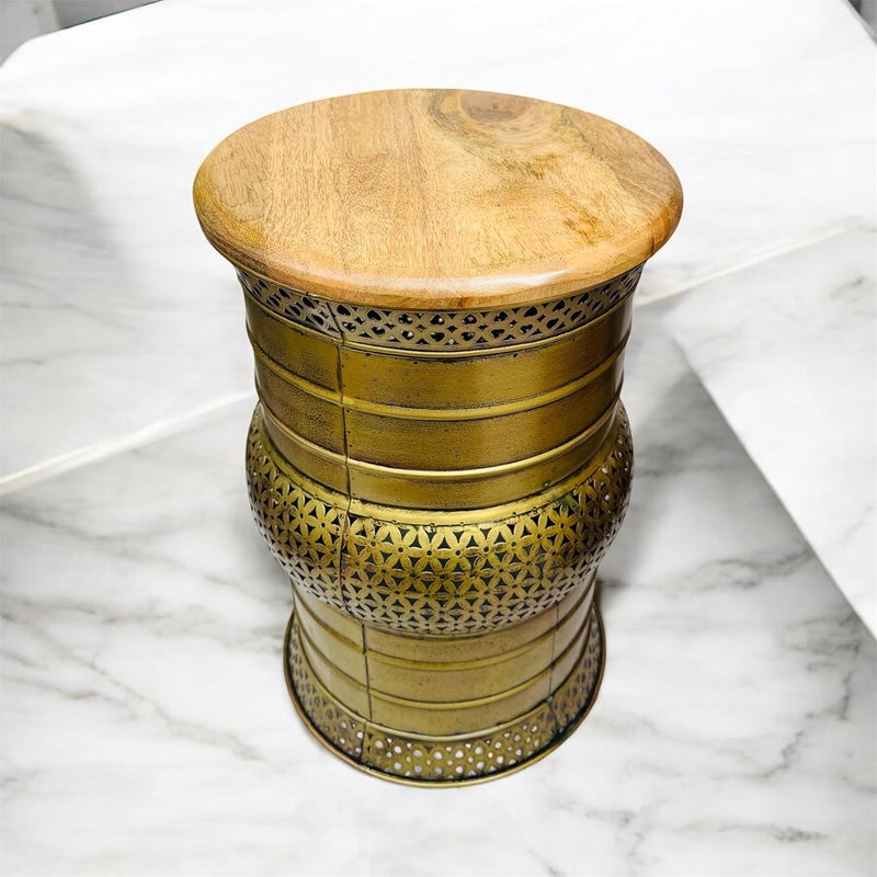 ZXC Decorative Metal Garden Stool with Wooden Top Vintage Gold Finish Iron Decorative Table Size17 11 inches Size17 11 inches - Image 4