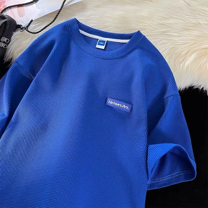 2024 Round Neck Short-Sleeved T-Shirt Wafflet Fashionable Loose T-Shirt Fashionable Brand Small Blue Label Pattern - Image 1