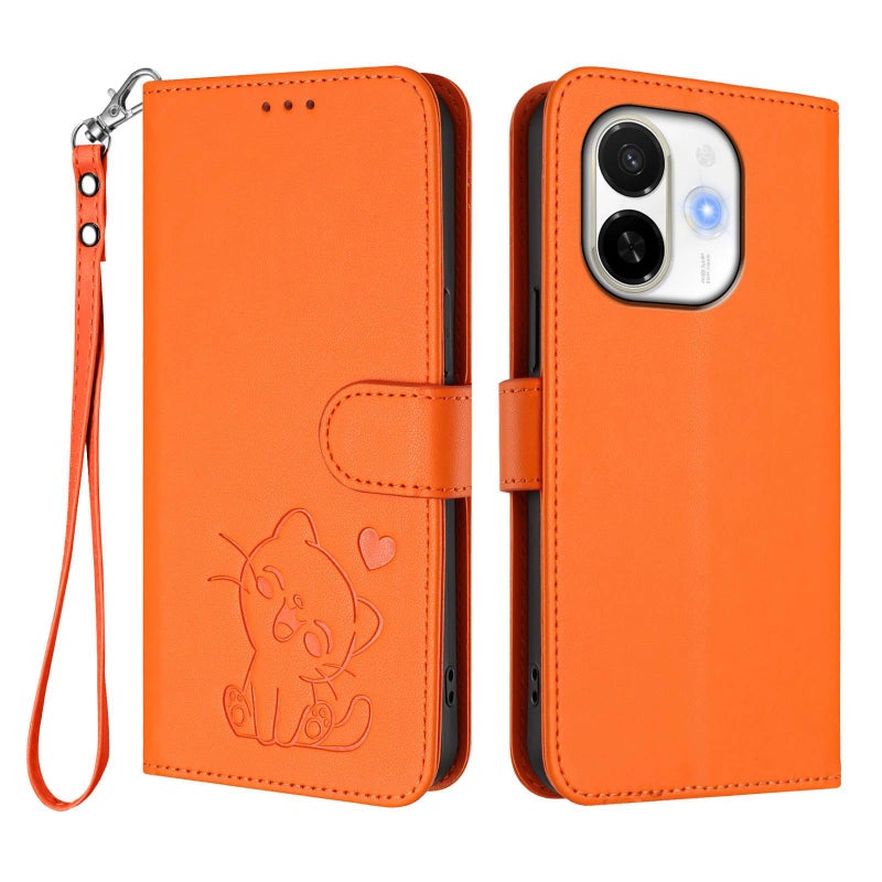 erorex For Tecno Spark 30C 5G / Pop 9 5G Embossed  Cat Leather Phone Case with Hand Strap(Orange) - Image 2