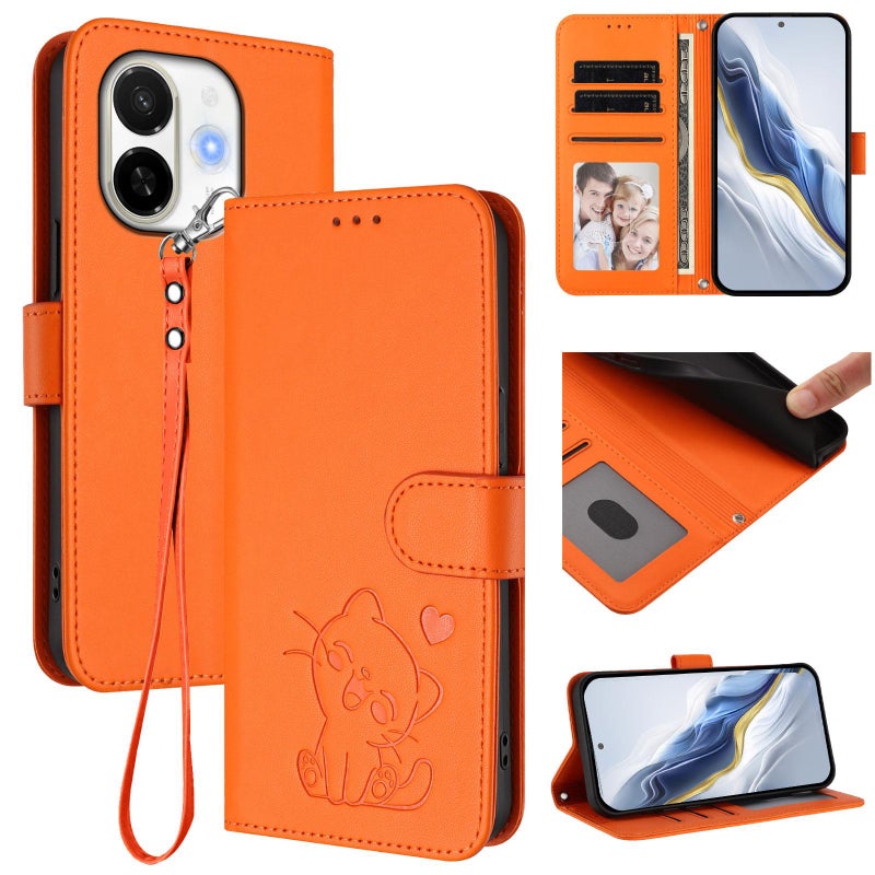 erorex For Tecno Spark 30C 5G / Pop 9 5G Embossed  Cat Leather Phone Case with Hand Strap(Orange) - Image 1