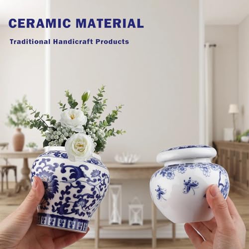 RMERVE Set of 4 Small Blue and White Vintage Vase Porcelain Ginger Jars Mini Chinoiserie Vase for Home Bedroom Table Accent Shelf Tabletop Decor - Image 3
