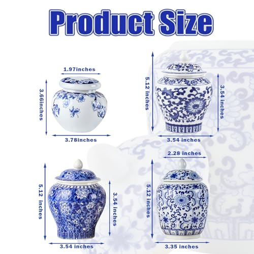 RMERVE Set of 4 Small Blue and White Vintage Vase Porcelain Ginger Jars Mini Chinoiserie Vase for Home Bedroom Table Accent Shelf Tabletop Decor - Image 2