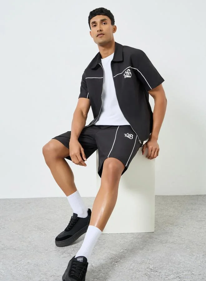 Take Two Men Black Graphic Zip-Up Jacket and Shorts Co-Ords
