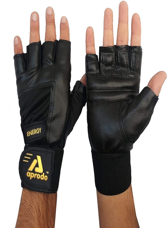 Aprodo Cardio Leather Fitness Gym Gloves with Long Wrist Support (Free Size) (Energy Gym Gloves Free Size) - Image 2