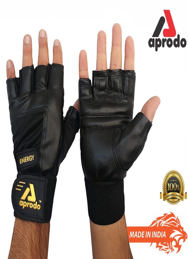 Aprodo Cardio Leather Fitness Gym Gloves with Long Wrist Support (Free Size) (Energy Gym Gloves Free Size) - Image 3
