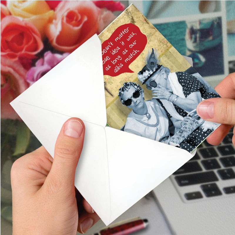 NobleWorks - 1 Funny Happy Birthday Greeting Card - Retro Old Woman Humor, Notecard Talk Bubbles - Matching Alibis C3537BDG - Image 4