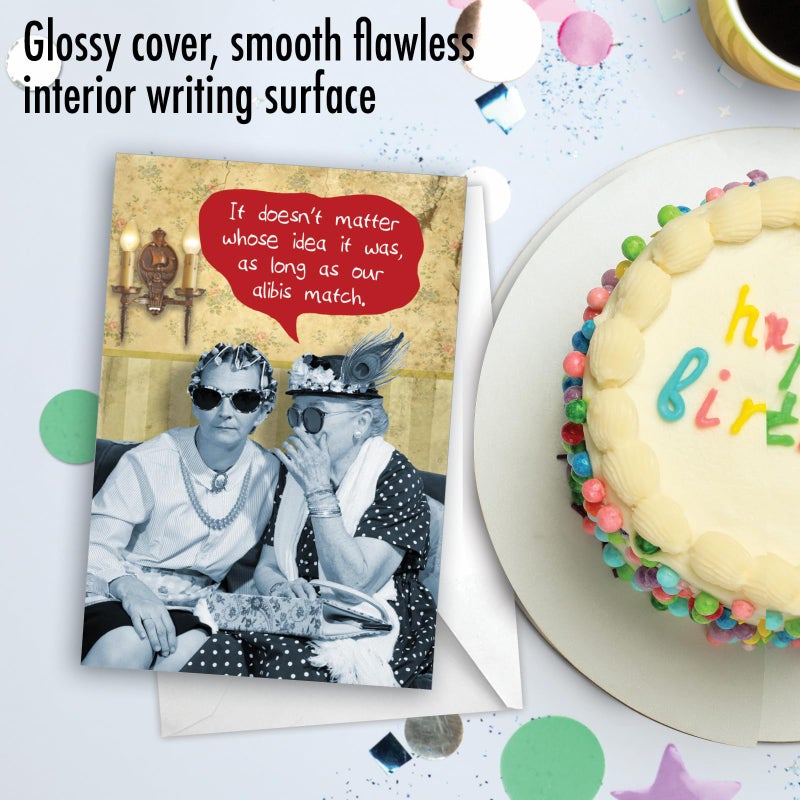 NobleWorks - 1 Funny Happy Birthday Greeting Card - Retro Old Woman Humor, Notecard Talk Bubbles - Matching Alibis C3537BDG - Image 5