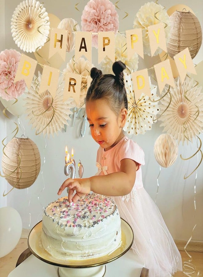 FETETIJD Champagne Gold Beige Birthday Decorations Fall Boho Dusty Pink Birthday Decorations Paper Fans Paper Pom Poms Lanterns for Women Girl Blush Pink Neutral Party Decor - Image 5