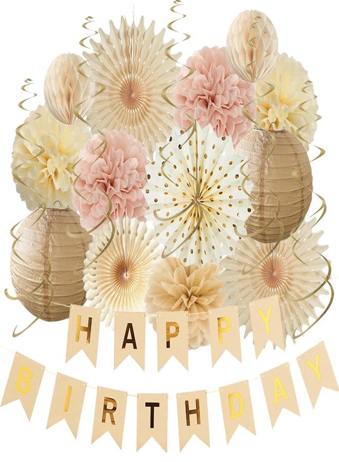 FETETIJD Champagne Gold Beige Birthday Decorations Fall Boho Dusty Pink Birthday Decorations Paper Fans Paper Pom Poms Lanterns for Women Girl Blush Pink Neutral Party Decor - Image 1