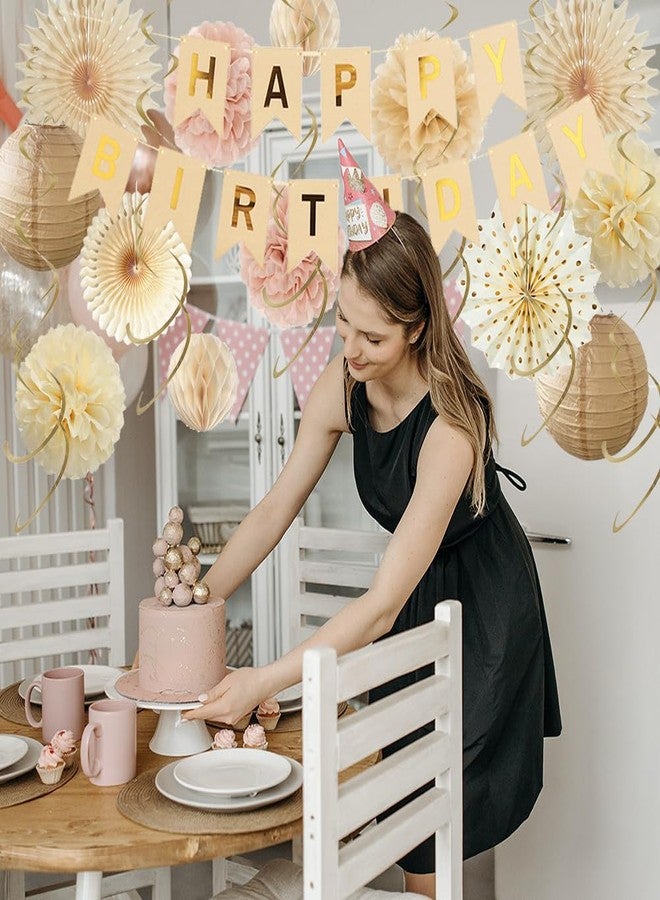 FETETIJD Champagne Gold Beige Birthday Decorations Fall Boho Dusty Pink Birthday Decorations Paper Fans Paper Pom Poms Lanterns for Women Girl Blush Pink Neutral Party Decor - Image 2
