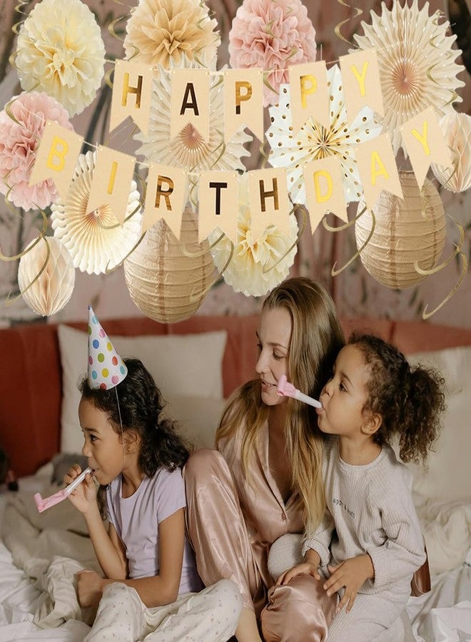 FETETIJD Champagne Gold Beige Birthday Decorations Fall Boho Dusty Pink Birthday Decorations Paper Fans Paper Pom Poms Lanterns for Women Girl Blush Pink Neutral Party Decor - Image 3