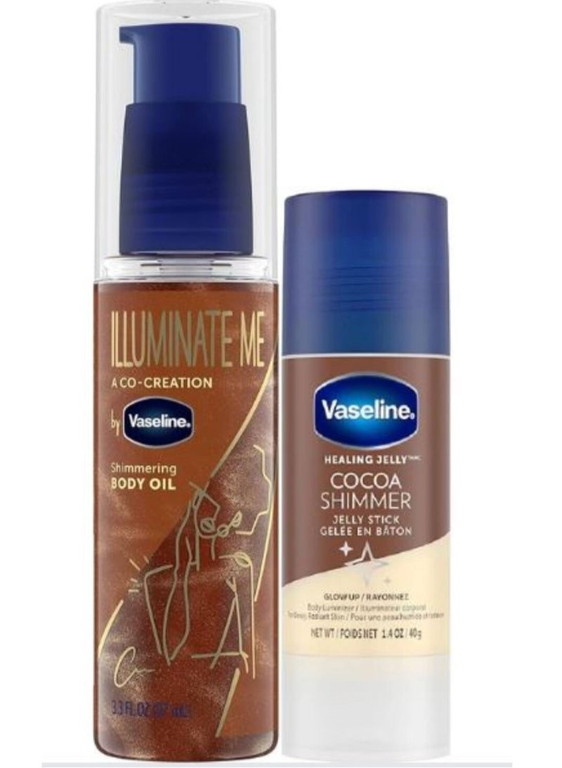 Vaseline Body Care Bundle – Illuminate Me Shimmering Body Oil with Bronzed Glow + Vaseline Cocoa Shimmer Jelly Stick, Deep Moisturizing & Radiant Skin Shine