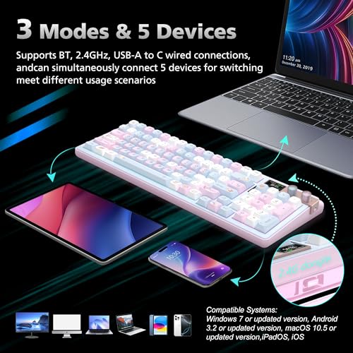 FOPATO H98 Mechanical Keyboard,96-Key Hot-Swappable TTC Speed Silver V2,Tri-Mode Bluetooth 5.0 2.4G USB-C,Gasket Mount,Draw & Customize on 1.14" Color Screen,6000mAh,PBT Keycaps for PC Mac iPad(Pink) - Image 3