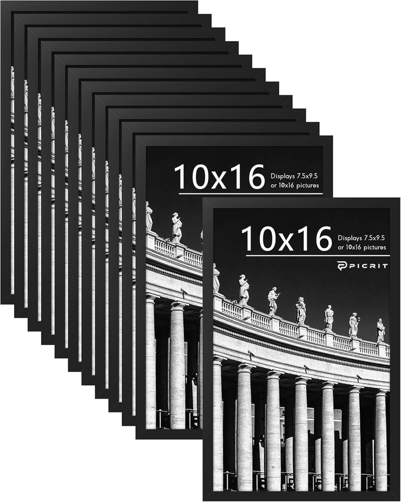 Picrit 10x16 Picture Frame Set of 12, Display 8x10 with Mat or 10x16 Without Mat, Photo Frames for Wall Mounting or Table Top Display, Black. - Image 1