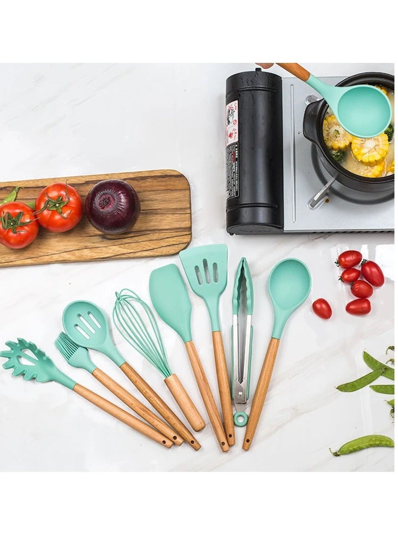 AROAQ Silicone Kitchen Utensils Set With Wooden Handle And Storage Bucket, Heat Resistant Silicone Kitchen Spatulas Set, Khaki 12pc  - Image 3