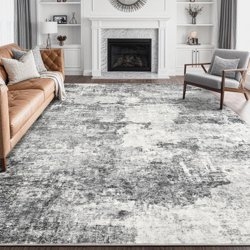 DMOYEST Living Room Area Rugs - 8x10 Abstract Large Soft Indoor Washable Rug Neutral Modern Low Pile Carpet for Bedroom Dining Room Farmhouse Home Office - Grey - Image 1