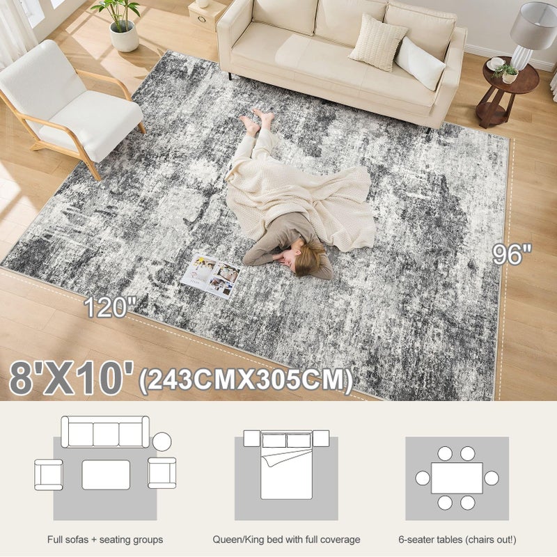 DMOYEST Living Room Area Rugs - 8x10 Abstract Large Soft Indoor Washable Rug Neutral Modern Low Pile Carpet for Bedroom Dining Room Farmhouse Home Office - Grey - Image 2