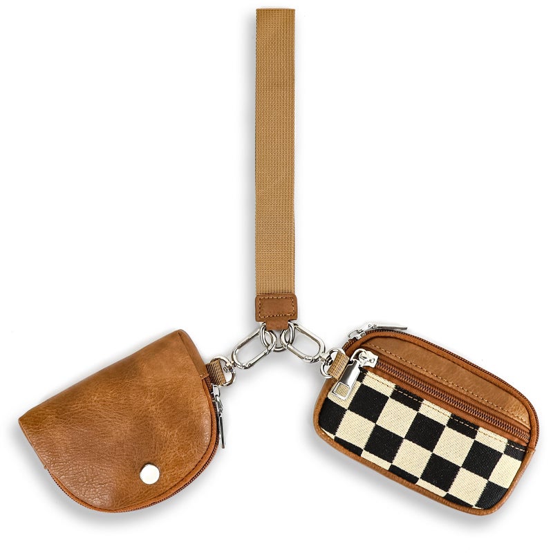 Eoribag Checkered Dual Pouch Keychain Wallet for Women, Small Mini Zip Leather Coin Purse with Wrist Strap,wristlet hangbags,Brown - Image 1