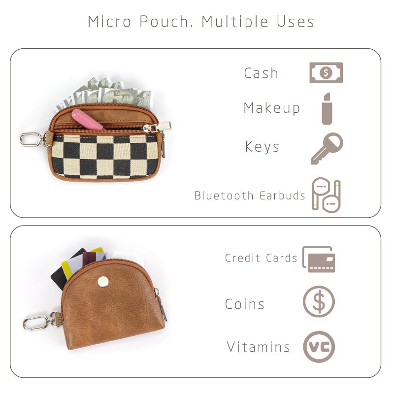 Eoribag Checkered Dual Pouch Keychain Wallet for Women, Small Mini Zip Leather Coin Purse with Wrist Strap,wristlet hangbags,Brown - Image 3