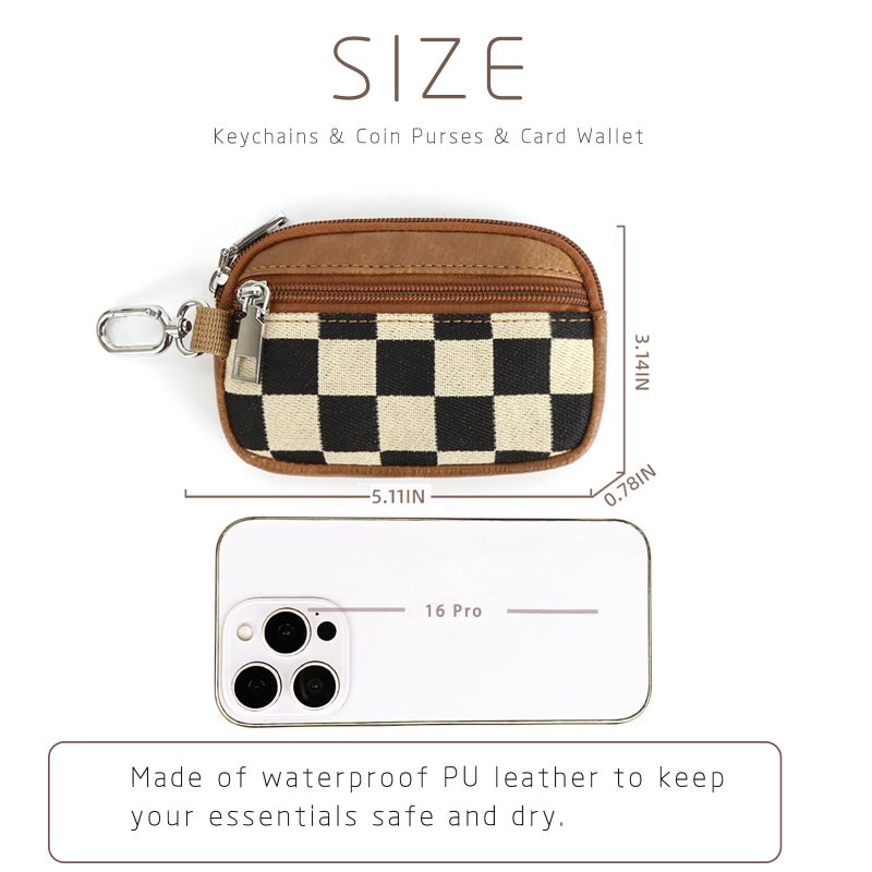 Eoribag Checkered Dual Pouch Keychain Wallet for Women, Small Mini Zip Leather Coin Purse with Wrist Strap,wristlet hangbags,Brown - Image 5