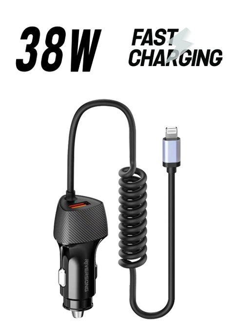 RIVERSONG Dual Port 38W Pd Fast Charging And Qc3.0 Port Car Charger With Built In Lightning Cable, CC38L, Black