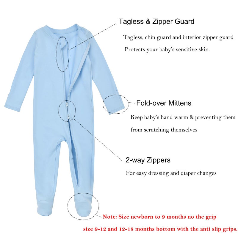 Aablexema Baby Footie Pajamas with Mittens - 3Pcs Infant Cotton Footed One Piece Sleepwear Outfits(Blue/Grey/Stripe,12-18m) - Image 4