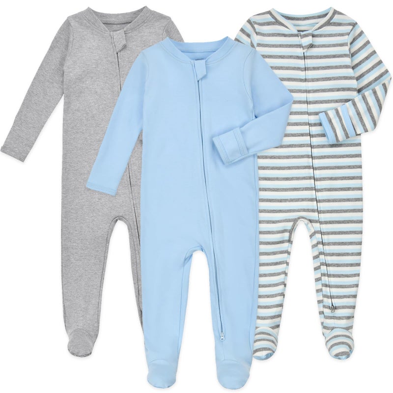 Aablexema Baby Footie Pajamas with Mittens - 3Pcs Infant Cotton Footed One Piece Sleepwear Outfits(Blue/Grey/Stripe,12-18m) - Image 1