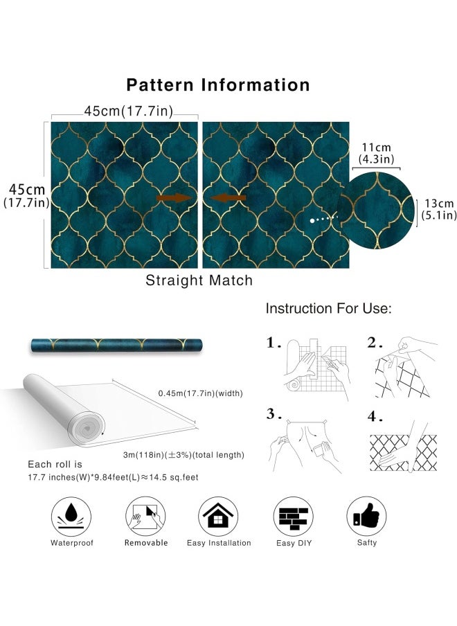 HAOKHOME - Haokhome 96034 Peel And Stick Wallpaper Graphic Trellis Emerald/Sapphire Blue/Gold Removable Contactpaper For Home Bathroom Decorations 17.7In X 9.8Ft - Image 1