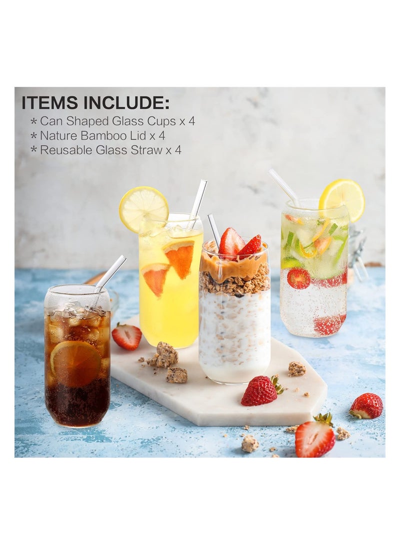 KASTWAVE Can Shaped Glass Cups with Glass Straw and Bamboo Lids 4 Pieces 500 Ml Transparent Water Cup Juice Drink Cup Drinking Cups with Straw for Water and Mixed Drink for Any Drink and Any Occasion  - Image 2