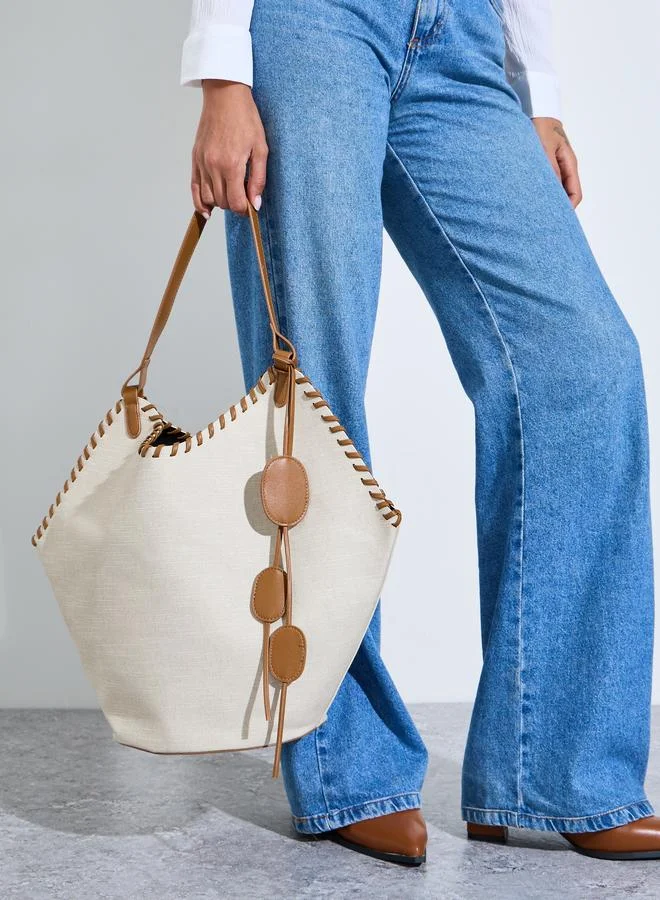 Brown Stitch Detail Canvas Tote Bag with A Pouch
