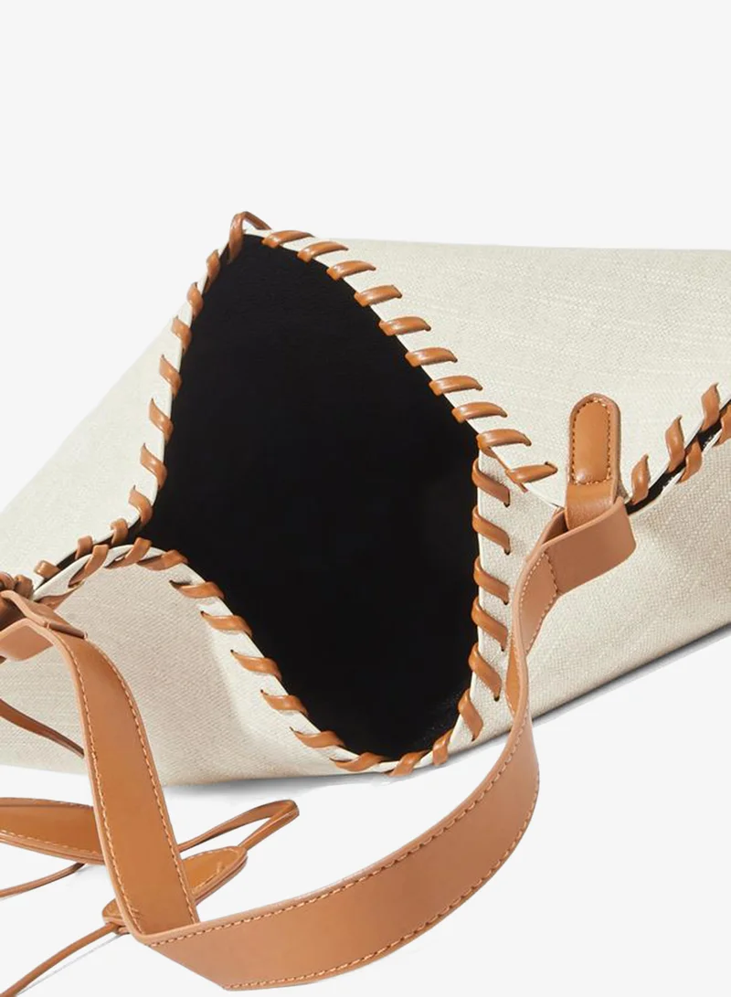 Styli  Brown Stitch Detail Canvas Tote Bag with A Pouch for Women | Best Price UAE
