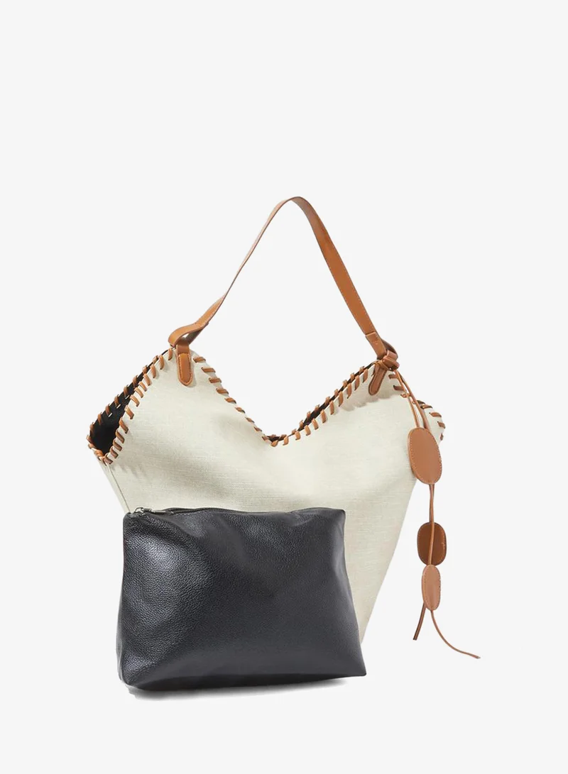 Styli  Brown Stitch Detail Canvas Tote Bag with A Pouch for Women | Best Price UAE