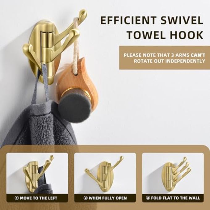 Angle Simple Swivel Towel Hook Brushed Gold 2 Pcs, Metal Folding Bathroom Hook, Bath Towel Holder, Heavy Duty Robe Clothes Hanger For Bathroom Rv Wall Mount - Image 3